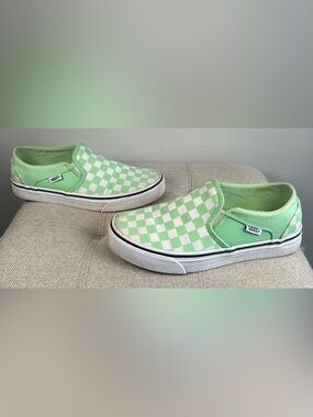 Vans Women’s Asher Checkerboard Summer Green White Slip On Shoes Sneakers Size 7